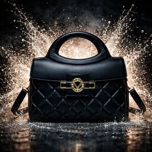 NWT Valentino Orlandi Black Quilted Satchel Top Handle Bag Gold V Logo Clasp